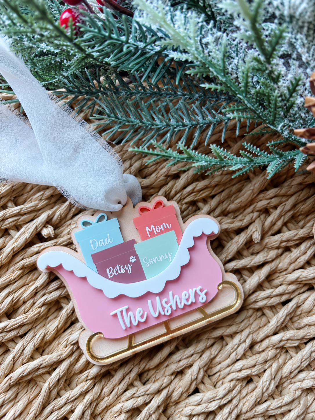 Sleigh with Presents Personalized Family Ornament